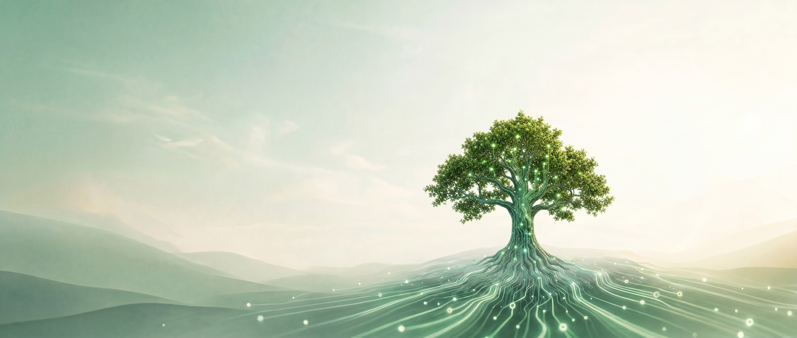 A tree whose roots become glowing circuit fibers running through the hills