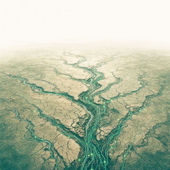 Glowing data-rivers running through dry, cracked earth